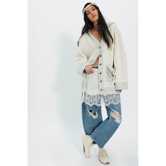 Free People Malibu Cardi Heather Grey Ivory Hooded Sweater Med NWT Boho Pockets - Picture 4 of 4